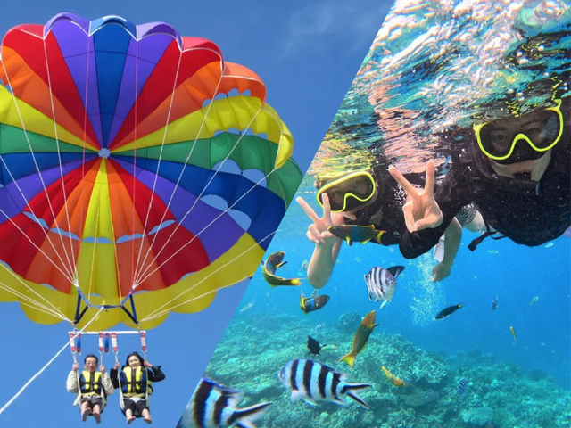 水納島マリンスポーツ体験。色鮮やかなパラセーリングと熱帯魚が見える水中シュノーケリング